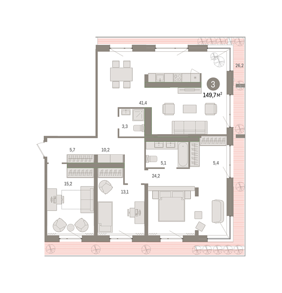 Новая 3-к квартира
 149.65 м² на 11/11 этаже в ЖК «Новин» в городе Тюмень 