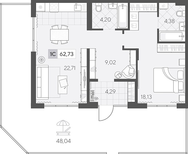 Новая 1-к квартира
 69.81 м² на 1/4 этаже в ЖК «Скандиа. Квартал у Озера» в городе Тюмень 