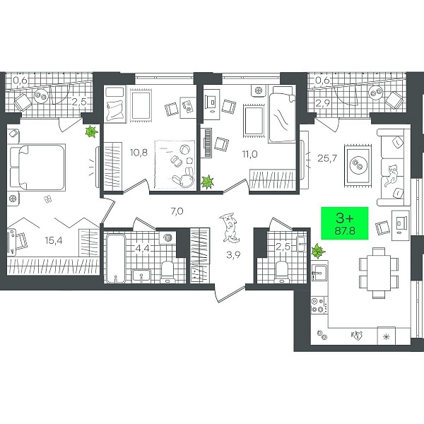 Количество комнат: 3,  87.83 кв.м.