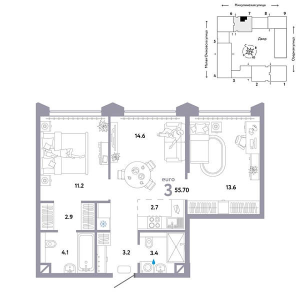 Новая 3-к квартира
 55.7 м² на 27/30 этаже в ЖК «Страна.Озёрная» в городе Тюмень 