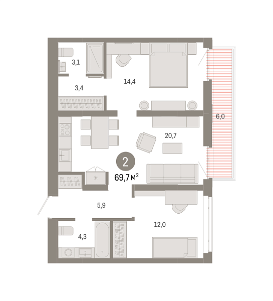 Новая 2-к квартира
 69.68 м² на 4/8 этаже в ЖК «Республики 205» в городе Тюмень 