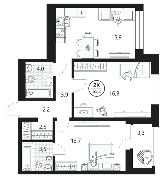 Новая 2-к квартира
 65.8 м² на 4/22 этаже в ЖК «Маэстро» в городе Тюмень 