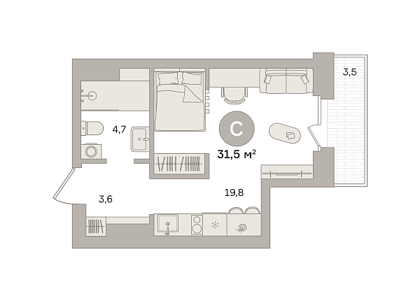 Новая квартира-студия
 31.14 м² на 11/24 этаже в ЖК «Квартал «МОНС»» в городе Тюмень 