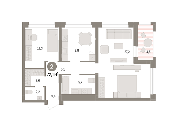 Новая 2-к квартира
 72.09 м² на 2/4 этаже в ЖК «Европейский квартал» в городе Тюмень 