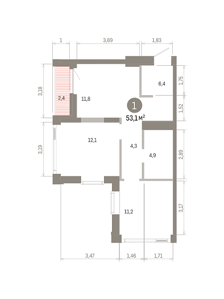 Количество комнат: 1,  50.9 кв.м.