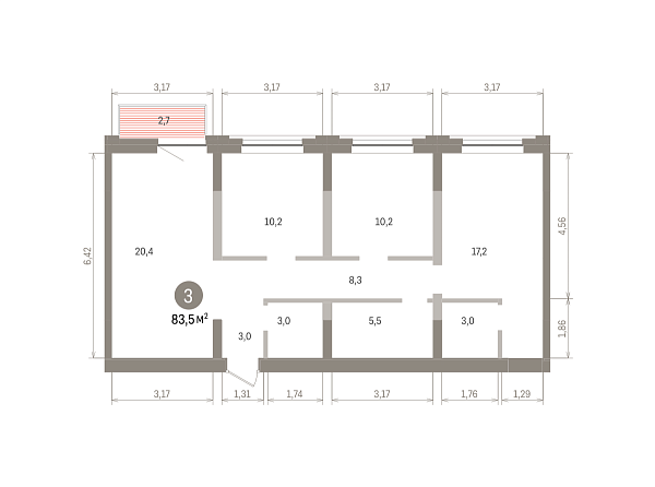 Количество комнат: 3,  82.8 кв.м.