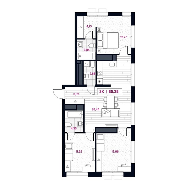Новая 3-к квартира
 85.38 м² на 13/16 этаже в ЖК «Пушкина» в городе Тюмень 