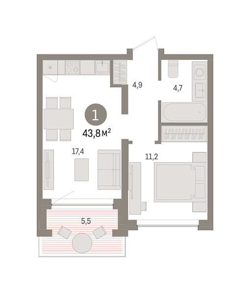 Новая 1-к квартира
 43.76 м² на 2/7 этаже в ЖК «Европейский квартал» в городе Тюмень 