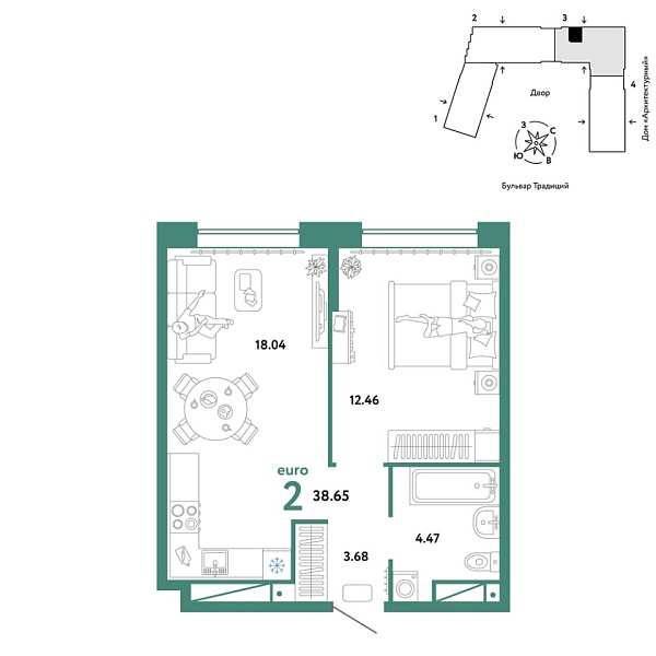 Новая 2-к квартира
 38.65 м² на 10/15 этаже в ЖК «Домашний» в городе Тюмень 