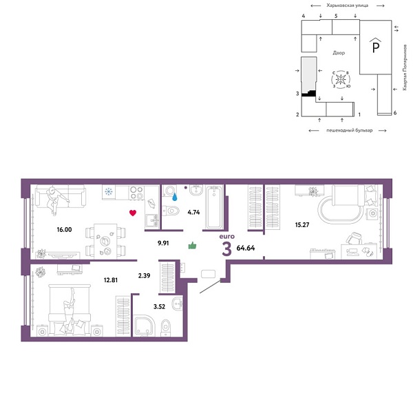 Новая 3-к квартира
 64.64 м² на 9/25 этаже в ЖК «Сердце Сибири» в городе Тюмень 