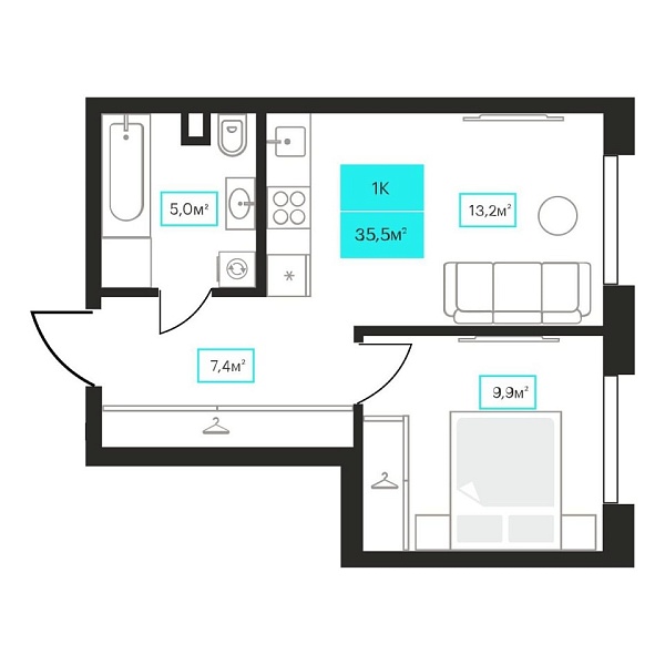 Новая 1-к квартира
 35.5 м² на 2/23 этаже в ЖК «Futuro» в городе Тюмень 