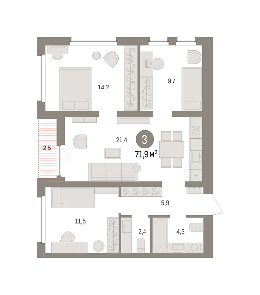 Новая 3-к квартира
 71.89 м² на 12/16 этаже в ЖК «Зарека» в городе Тюмень 