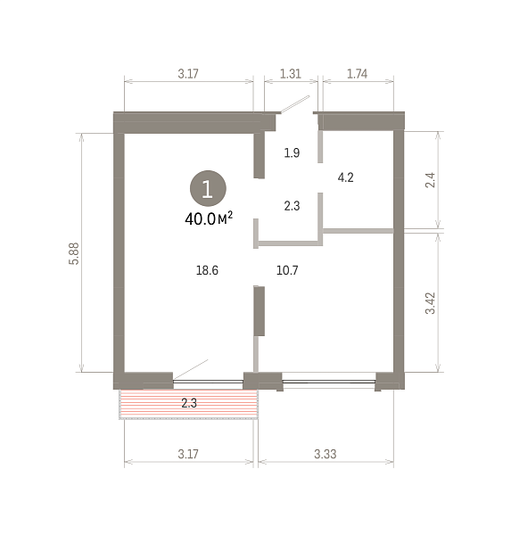 Количество комнат: 1,  40 кв.м.