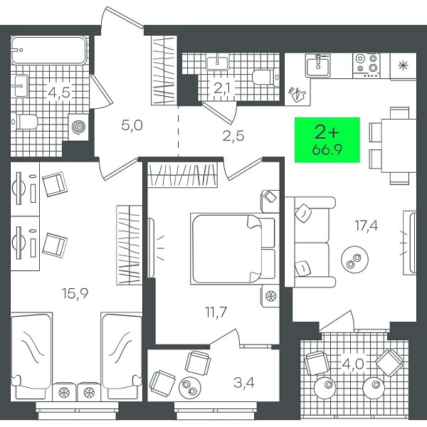 Новая 2-к квартира
 66.9 м² на 8/22 этаже в ЖК «Гранд Квартал» в городе Тюмень 