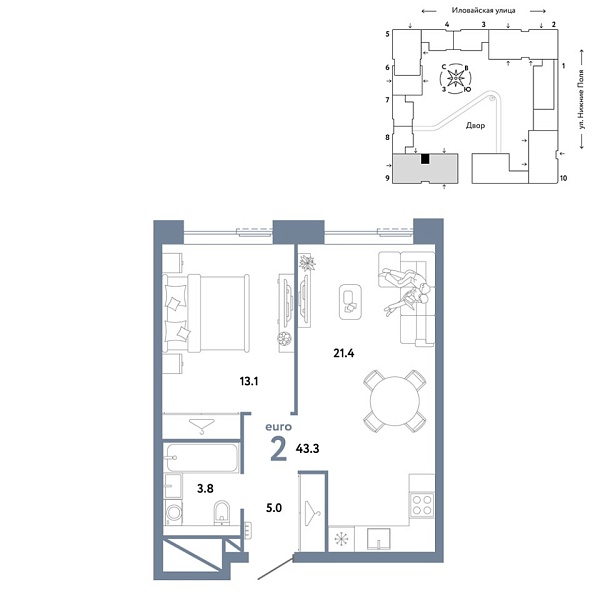 Новая 2-к квартира
 43.3 м² на 31/38 этаже в ЖК «Страна.Заречная» в городе Тюмень 