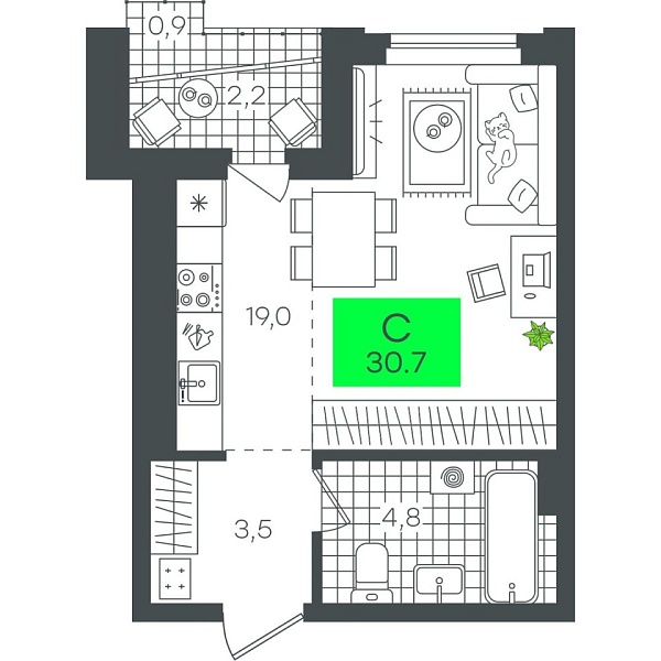 Новая квартира-студия
 30.73 м² на 7/12 этаже в ЖК «Гранд Квартал» в городе Тюмень 