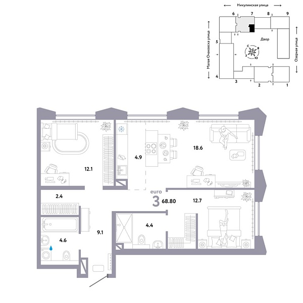 Новая 3-к квартира
 68.8 м² на 11/30 этаже в ЖК «Страна.Озёрная» в городе Тюмень 