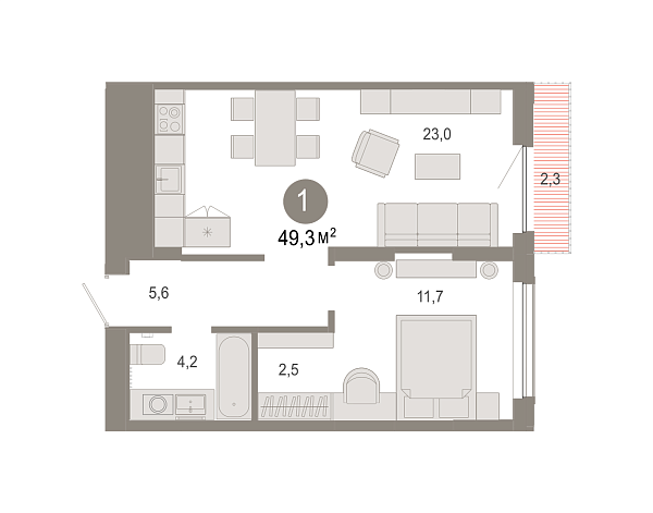 Новая 1-к квартира
 49.29 м² на 14/17 этаже в ЖК «Октябрьский на Туре» в городе Тюмень 