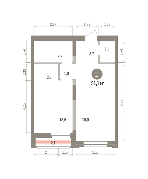Количество комнат: 1,  51.1 кв.м.