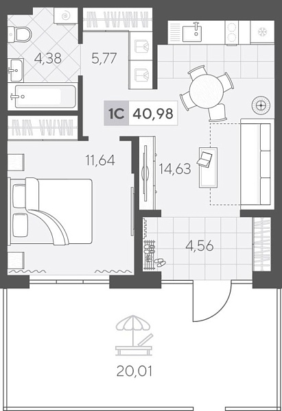 Новая 1-к квартира
 48.06 м² на 1/4 этаже в ЖК «Скандиа. Квартал у Озера» в городе Тюмень 