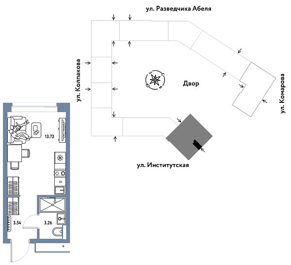 Новая квартира-студия
 20.53 м² на 22/26 этаже в ЖК «Страна.Парковая» в городе Тюмень 