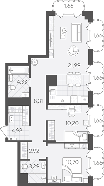Новая 2-к квартира
 75.02 м² на 24/24 этаже в ЖК «Скандиа. Квартал в Слободе» в городе Тюмень 