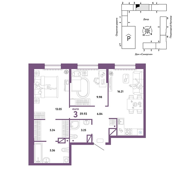 Новая 3-к квартира
 59.93 м² на 15/16 этаже в ЖК «Юнион» в городе Тюмень 