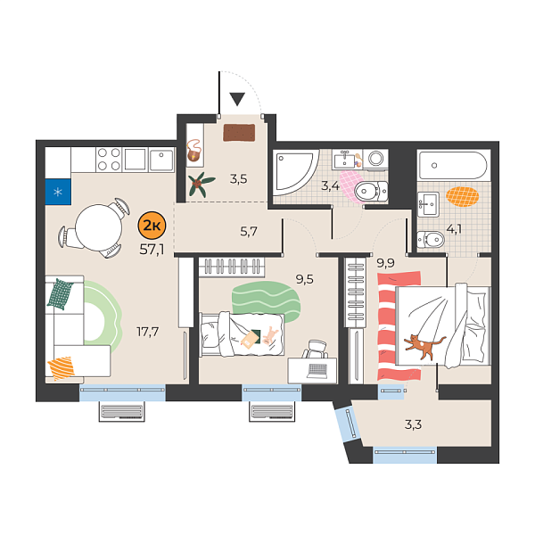 Новая 2-к квартира
 54.8 м² на 17/25 этаже в ЖК «Корней» в городе Тюмень 