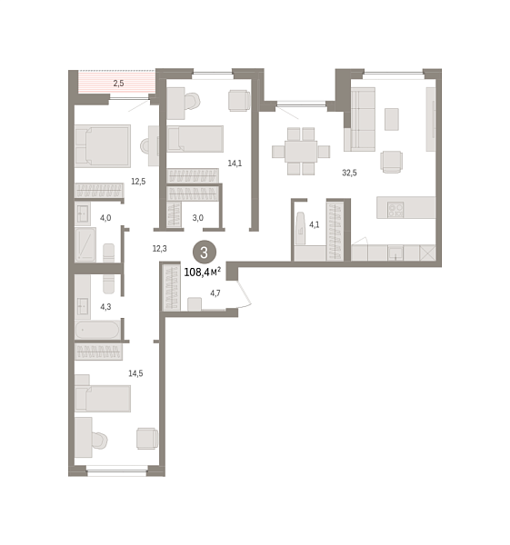 Новая 3-к квартира
 108.44 м² на 7/8 этаже в ЖК «Зарека» в городе Тюмень 