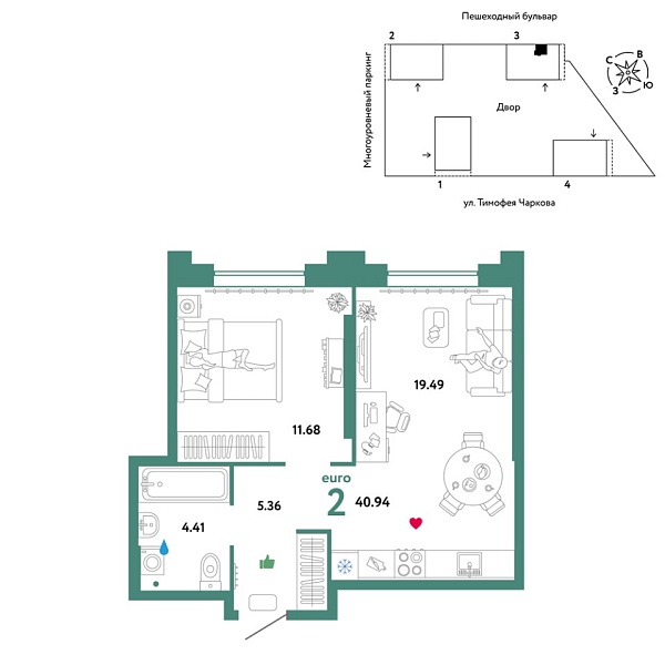 Новая 2-к квартира
 40.94 м² на 18/31 этаже в ЖК «Звёздный» в городе Тюмень 