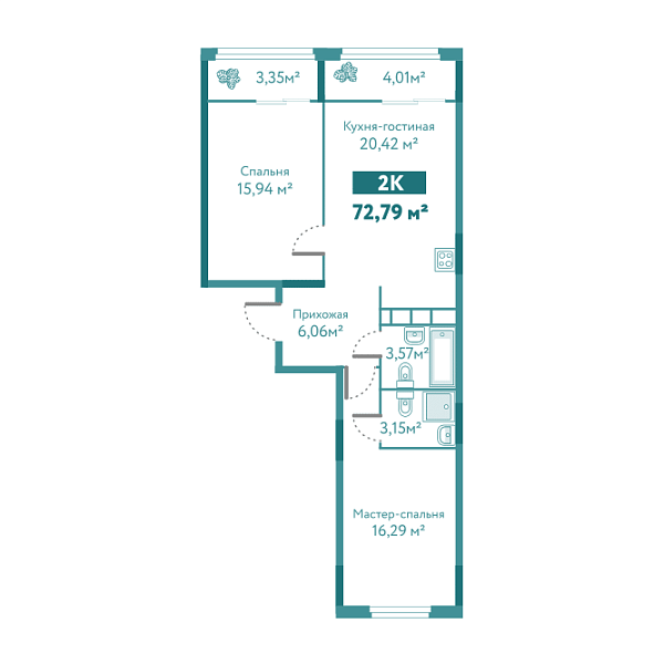 Новая 2-к квартира
 72.79 м² на 2/10 этаже в ЖК «Акватория» в городе Тюмень 