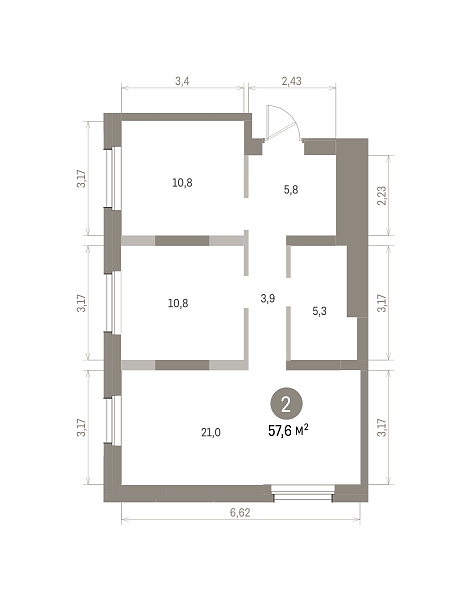Количество комнат: 2,  57.6 кв.м.