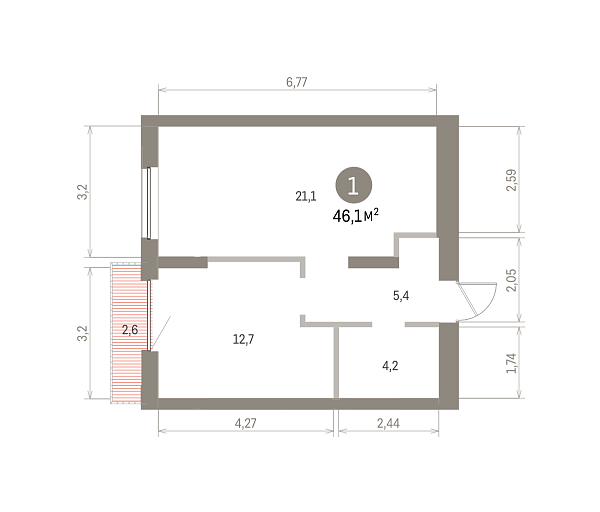 Количество комнат: 1,  46.07 кв.м.