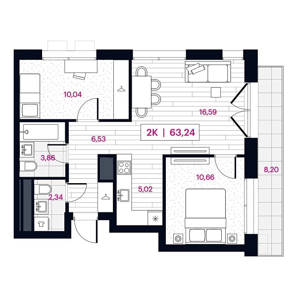 Новая 2-к квартира
 63.31 м² на 5/16 этаже в ЖК «Пушкина» в городе Тюмень 