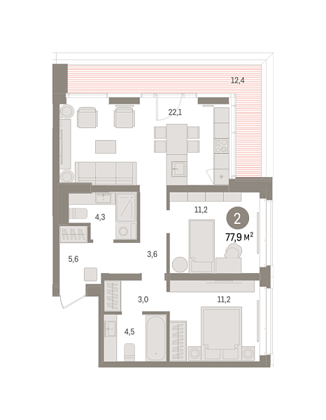 Новая 2-к квартира
 77.86 м² на 12/16 этаже в ЖК «Кварталы «На Минской»» в городе Тюмень 