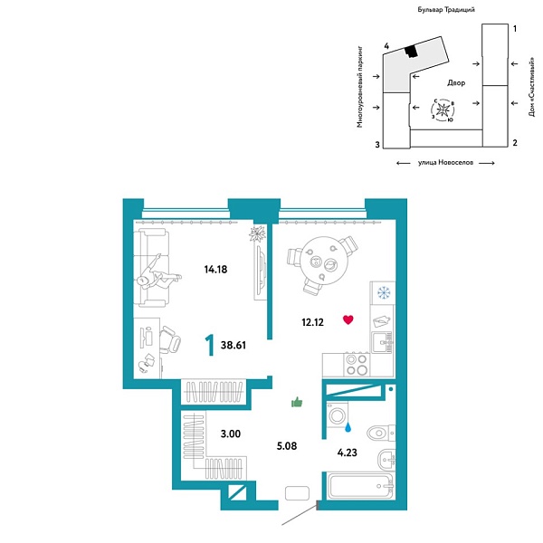 Новая 1-к квартира
 38.61 м² на 4/16 этаже в ЖК «Домашний» в городе Тюмень 