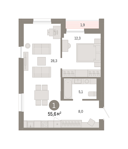 Новая 1-к квартира
 55.58 м² на 15/17 этаже в ЖК «Республики 205» в городе Тюмень 