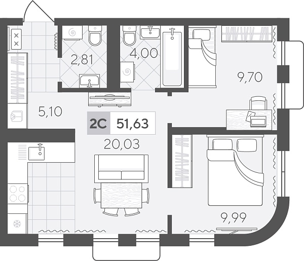 Новая 2-к квартира
 51.63 м² на 15/17 этаже в ЖК «Скандиа. Квартал в Комарово Парк» в городе Тюмень 