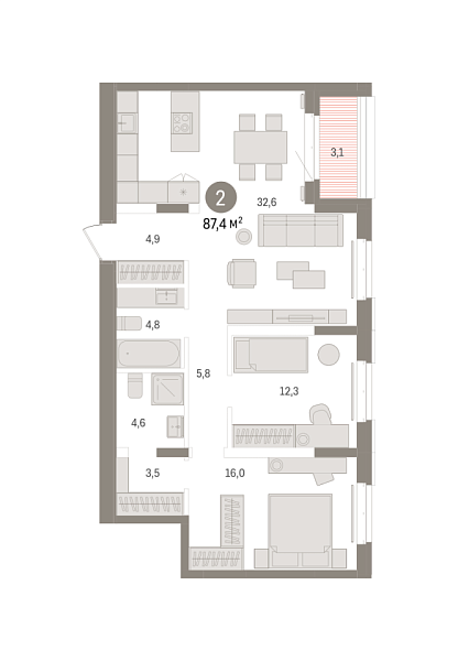 Новая 2-к квартира
 87.38 м² на 7/7 этаже в ЖК «Кварталы «На Минской»» в городе Тюмень 
