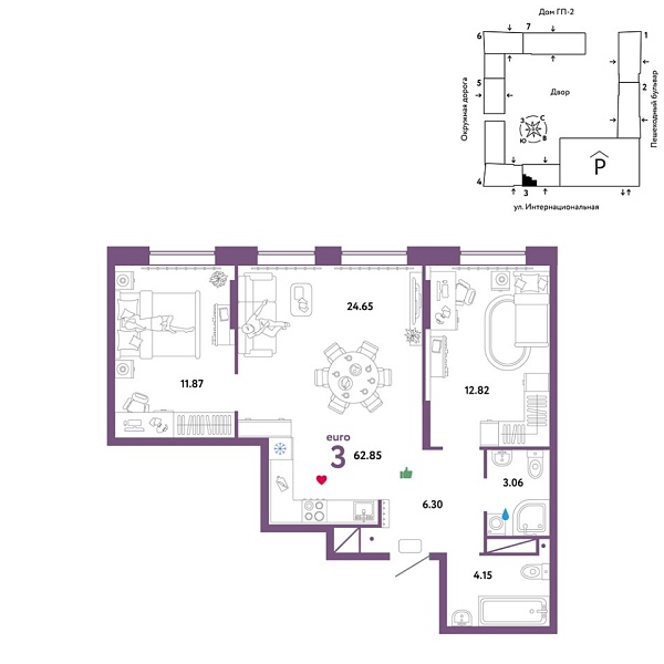 Новая 3-к квартира
 62.85 м² на 11/16 этаже в ЖК «Юнион» в городе Тюмень 