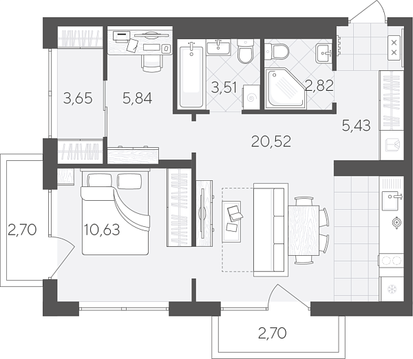 Новая 2-к квартира
 57.8 м² на 6/9 этаже в ЖК «Скандиа. Квартал в Комарово Парк» в городе Тюмень 