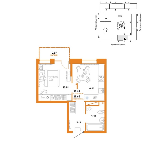 Новая 1-к квартира
 32.65 м² на 10/16 этаже в ЖК «Юнион» в городе Тюмень 