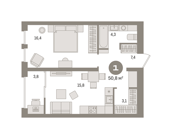 Новая 1-к квартира
 50.83 м² на 14/15 этаже в ЖК «Новин» в городе Тюмень 