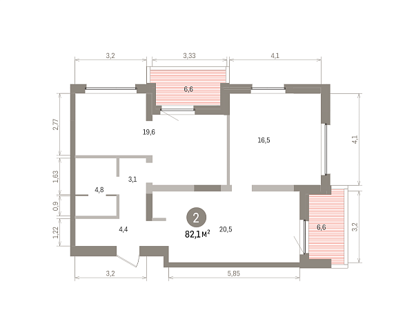 Количество комнат: 2,  82.1 кв.м.