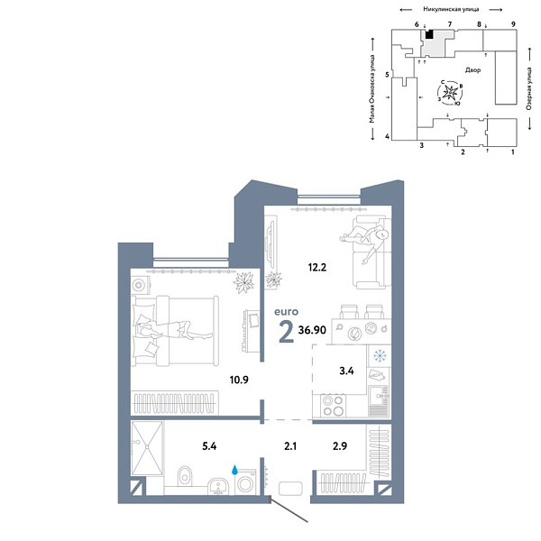 Новая 2-к квартира
 36.9 м² на 8/30 этаже в ЖК «Страна.Озёрная» в городе Тюмень 