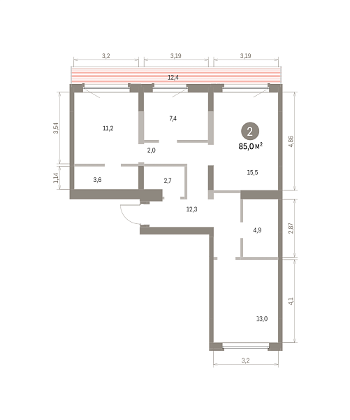 Количество комнат: 2,  84.96 кв.м.