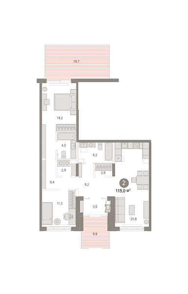 Новая 2-к квартира
 115.04 м² на 1/7 этаже в ЖК «Октябрьский на Туре» в городе Тюмень 