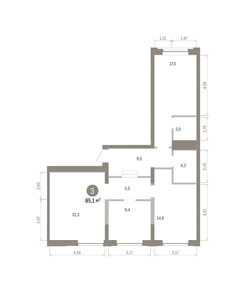 Количество комнат: 3,  85.1 кв.м.