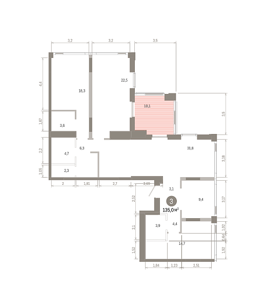 Количество комнат: 3,  130.36 кв.м.