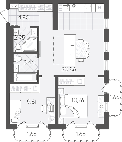 Новая 2-к квартира
 57.42 м² на 17/24 этаже в ЖК «Скандиа. Квартал в Слободе» в городе Тюмень 